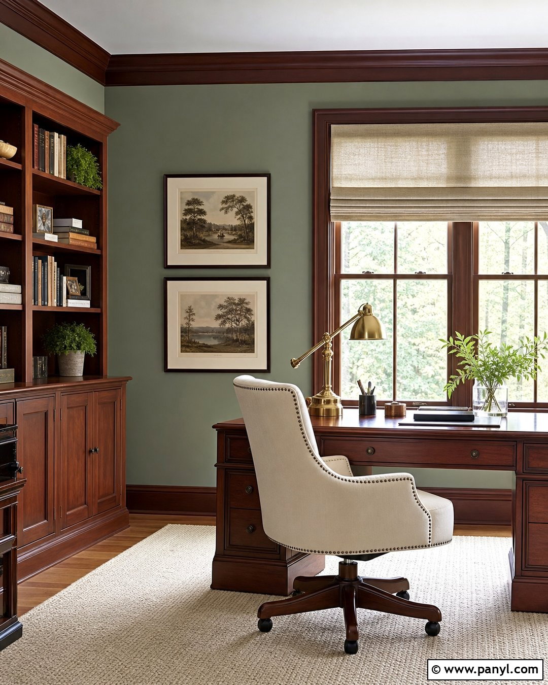 Sage Green Home Office With Cherry Wood Trim - 20 Sage Green Walls With Wood Trim Ideas