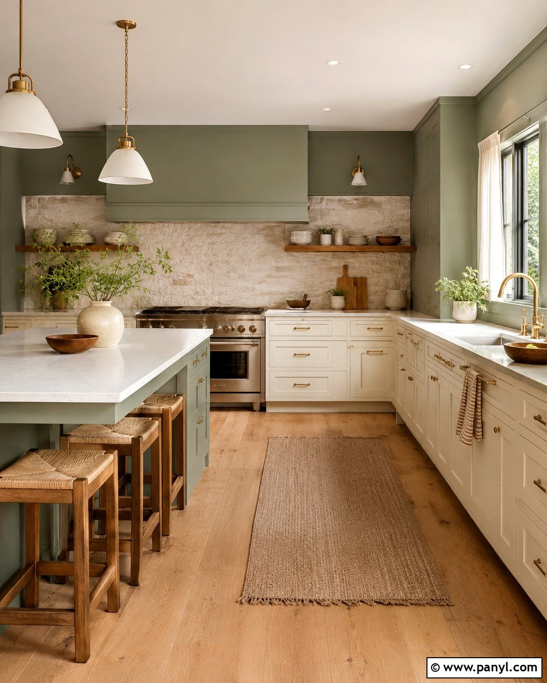 Sage Green Kitchen With Natural Stone Accent Wall - 20 Sage Green Walls With Accent Wall Ideas
