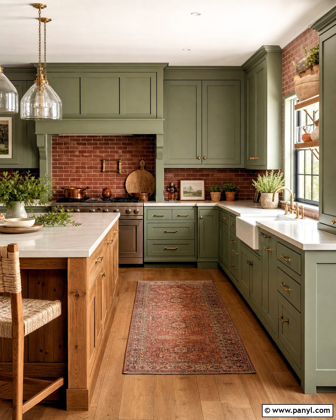 Sage Green Kitchen With Red Brick Backsplash - 20 green and red kitchen ideas