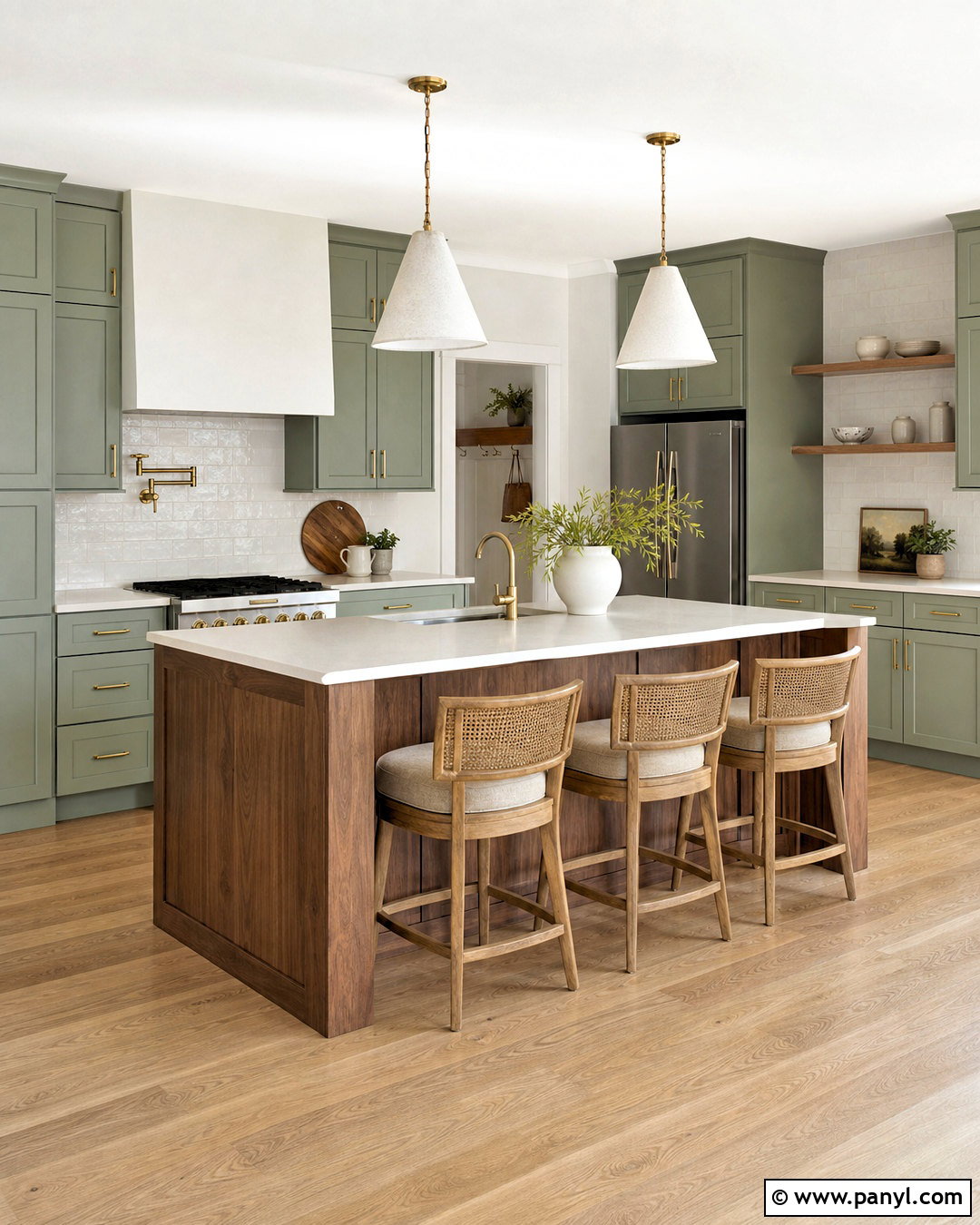 Sage Green Kitchen With Walnut Island - 20 green and brown kitchen ideas