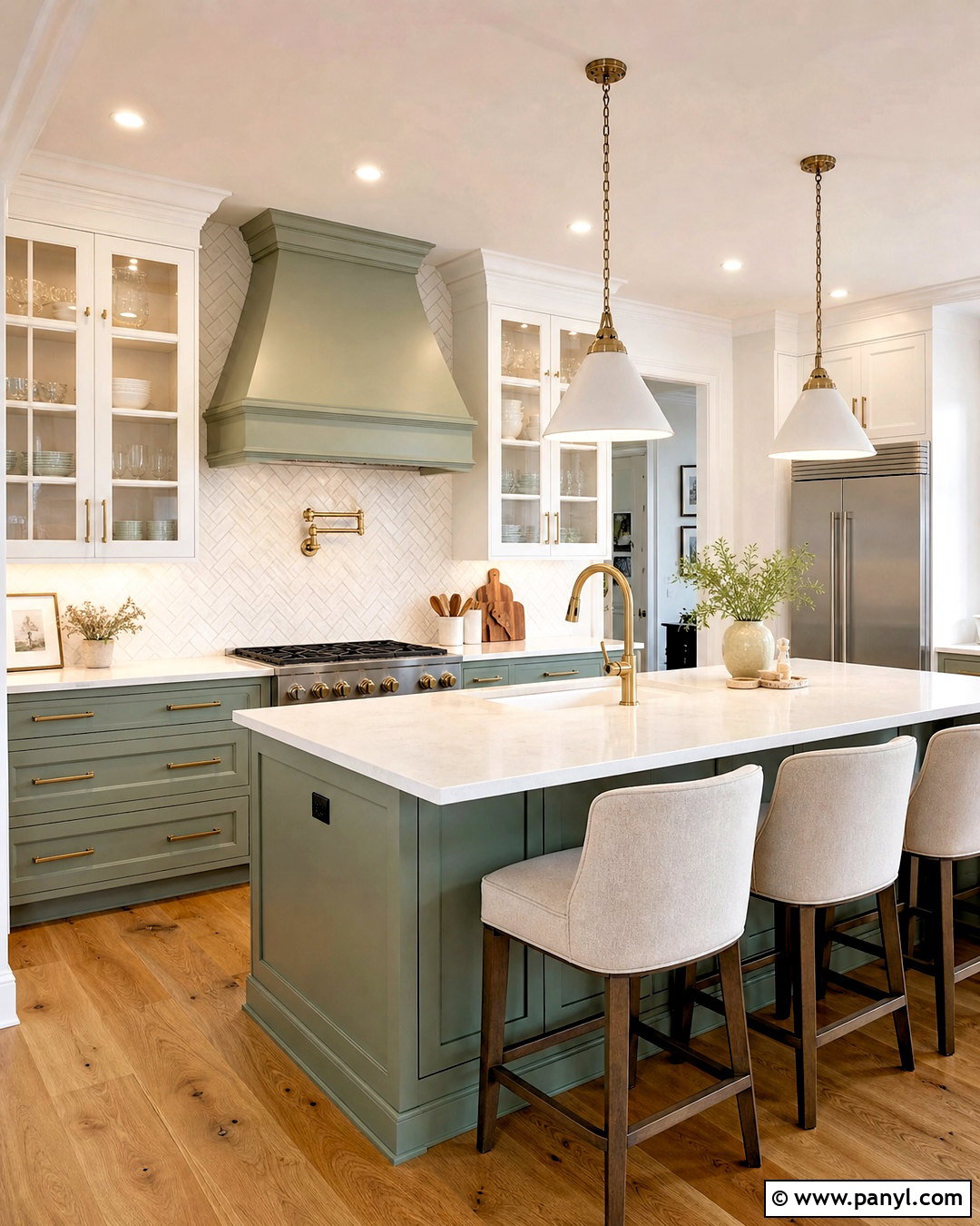 Sage Green Kitchen With White Herringbone Backsplash - 20 sage green and white kitchen ideas