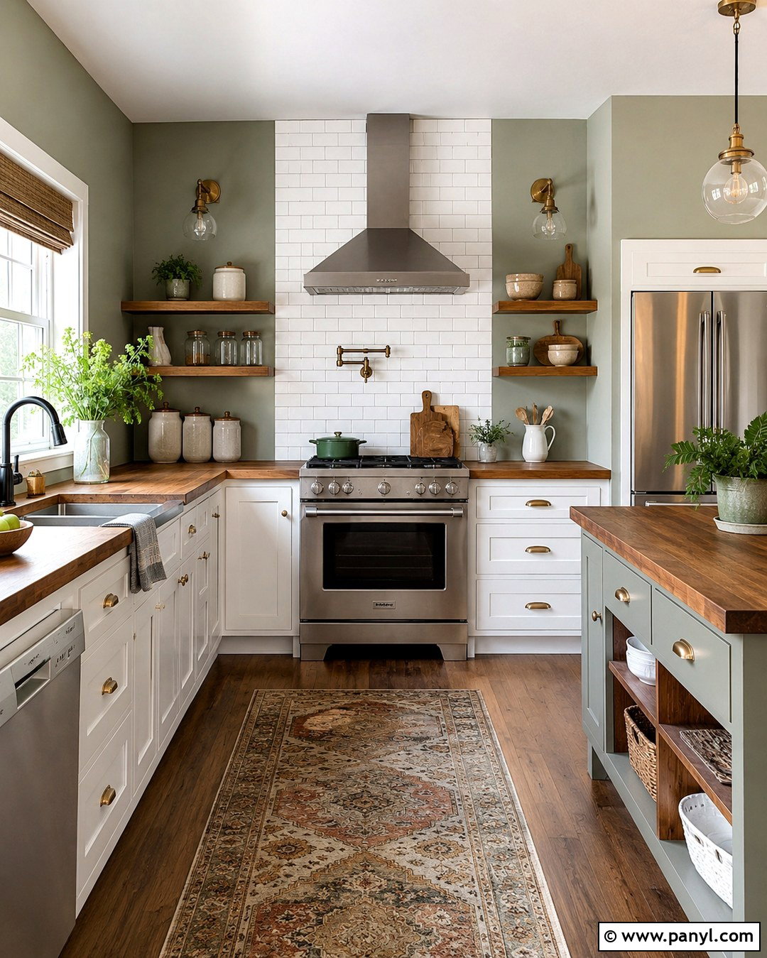 Sage Green Kitchen With White Tile Accent Wall - 20 Sage Green Walls With Accent Wall Ideas