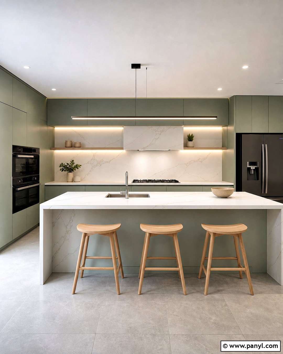 Sage Green Kitchen With White Waterfall Island - 20 sage green and white kitchen ideas