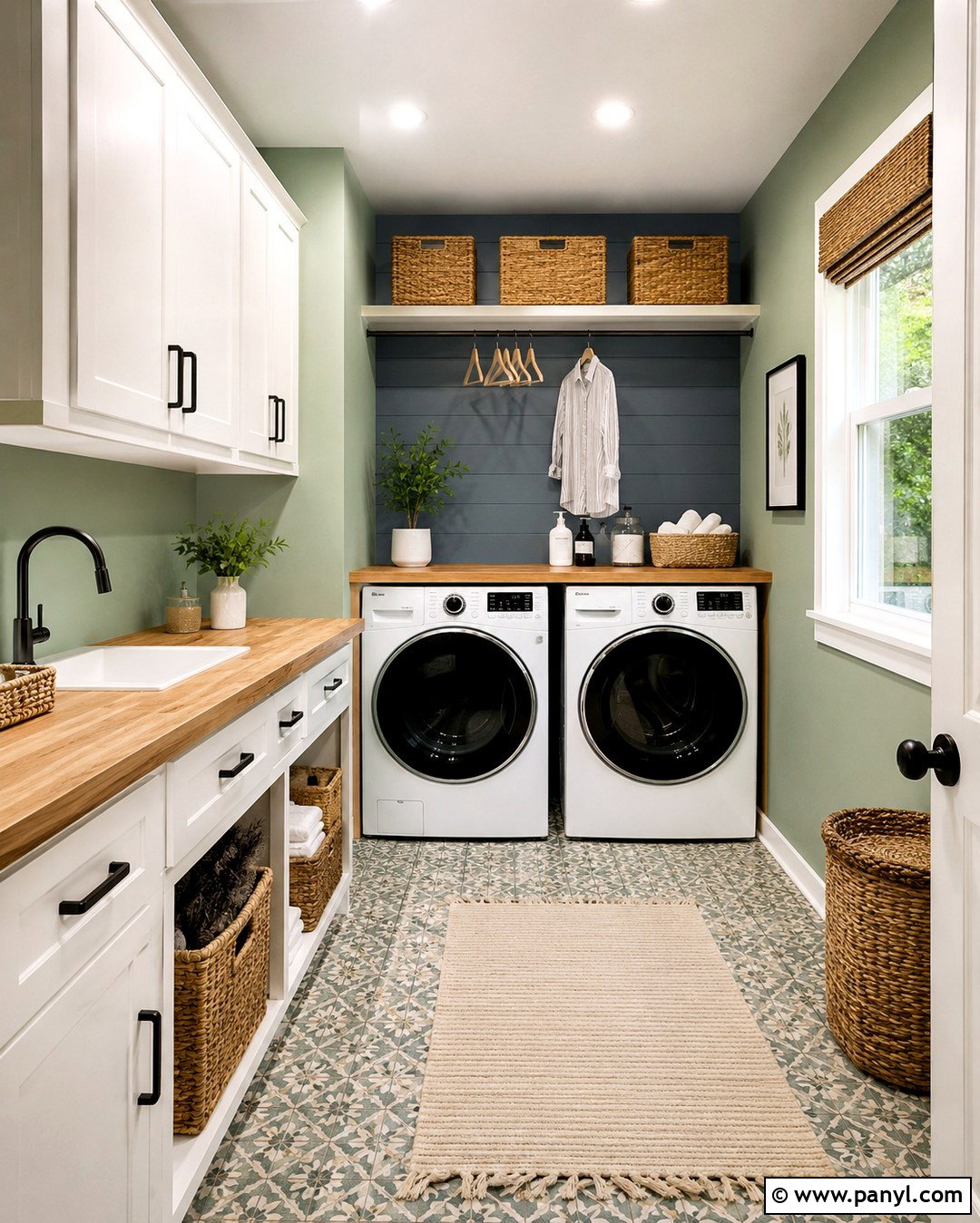 Sage Green Laundry Room With Blue Gray Accent Wall - 20 Sage Green Walls With Accent Wall Ideas