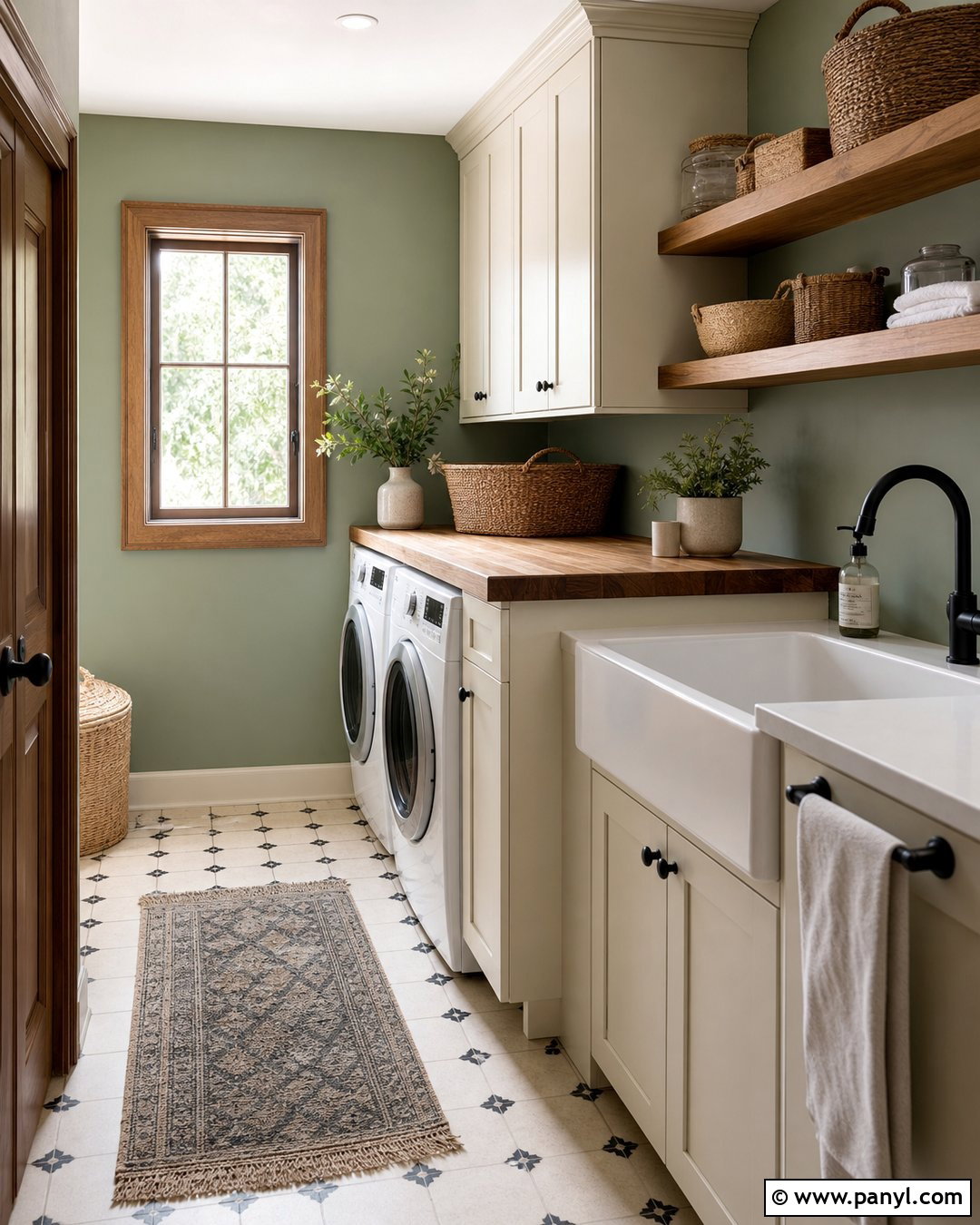 Sage Green Laundry Room With Rustic Wood Trim - 20 Sage Green Walls With Wood Trim Ideas