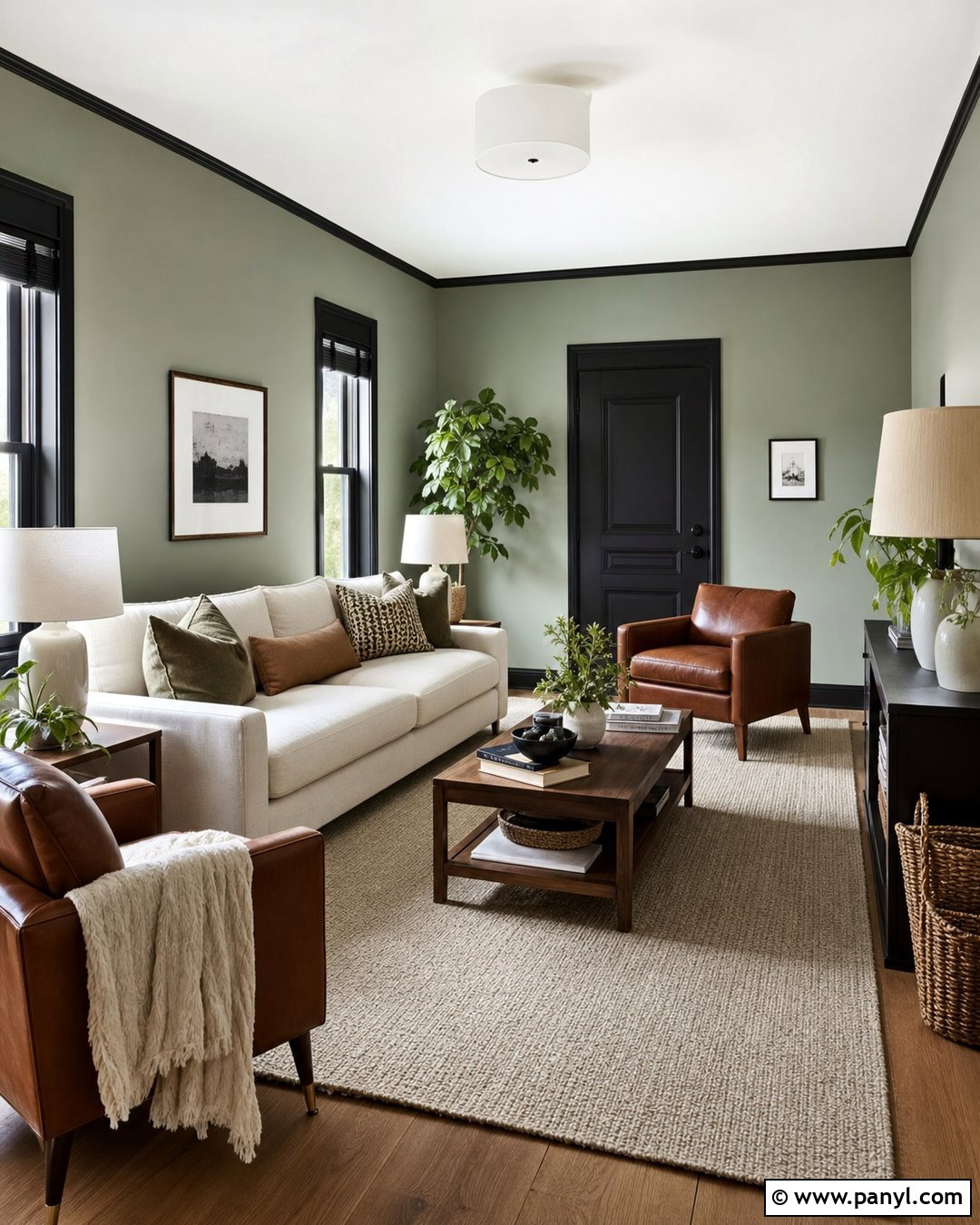 Sage Green Living Room With Black Trim - 25 Green Walls With Black Trim Ideas