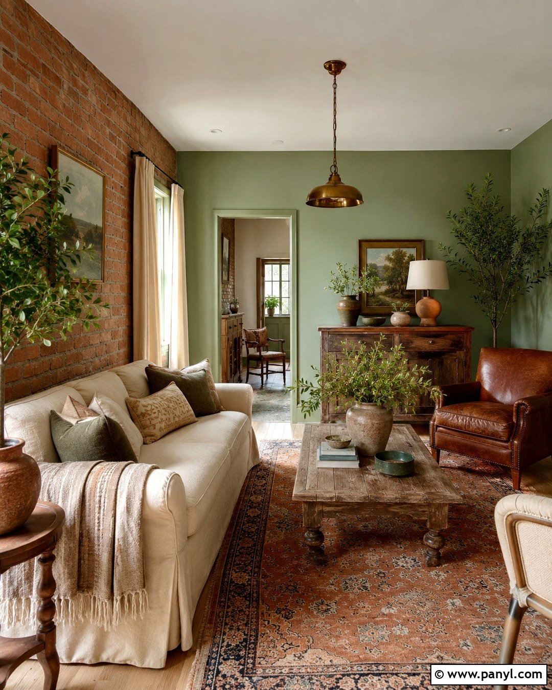 Sage Green Living Room With Brick Accent Wall - 20 Sage Green Walls With Accent Wall Ideas