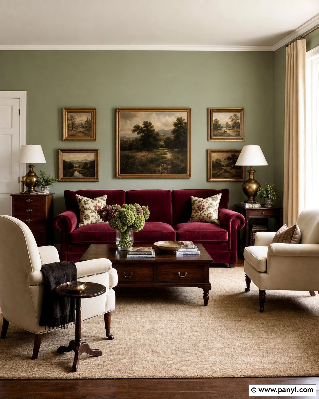 Sage Green Living Room With Burgundy Furniture - 50 sage green walls