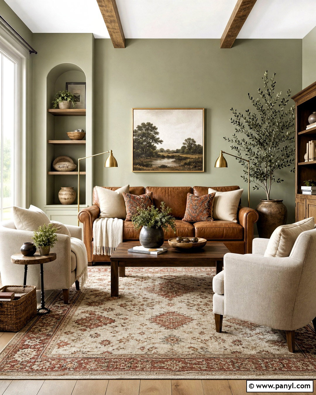 Sage Green Living Room With Cognac Leather - 20 sage green living room color scheme ideas