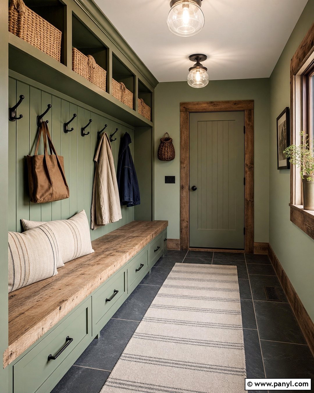 Sage Green Mudroom With Reclaimed Wood Trim - 20 Sage Green Walls With Wood Trim Ideas