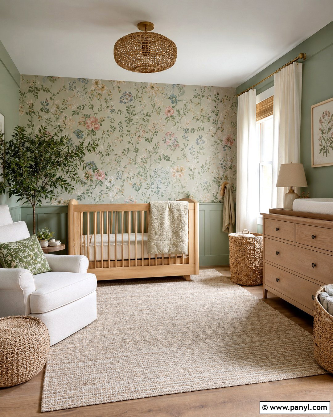 Sage Green Nursery With Floral Wallpaper Accent Wall - 20 Sage Green Walls With Accent Wall Ideas