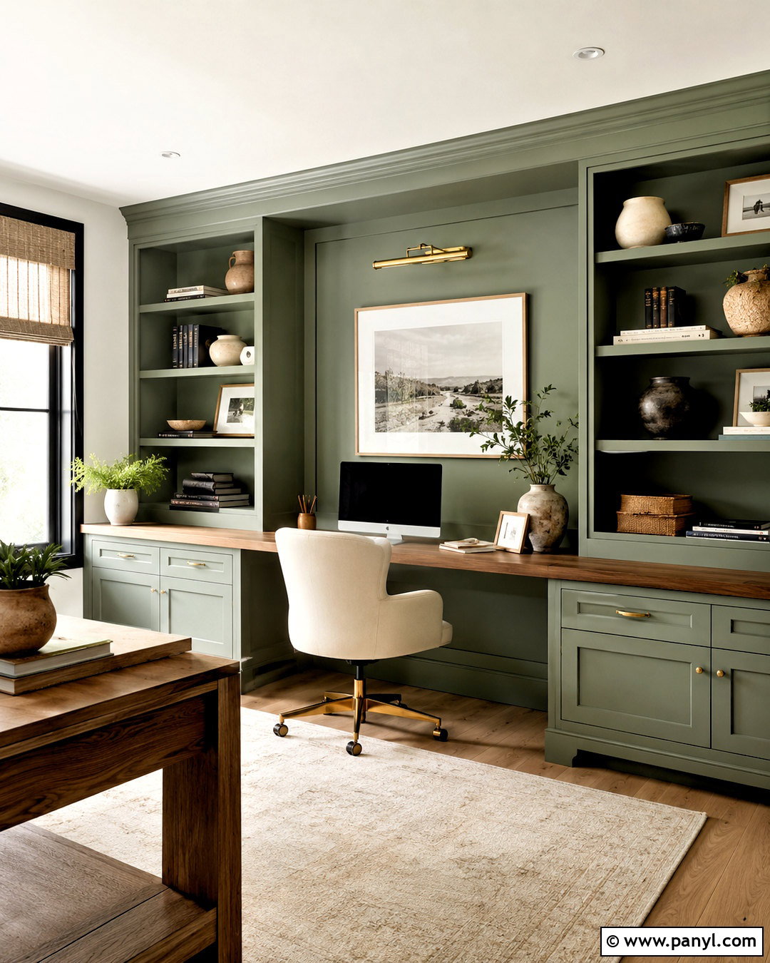 Sage Green Office Built-In Wall - 40 Sage Green Accent Wall Ideas