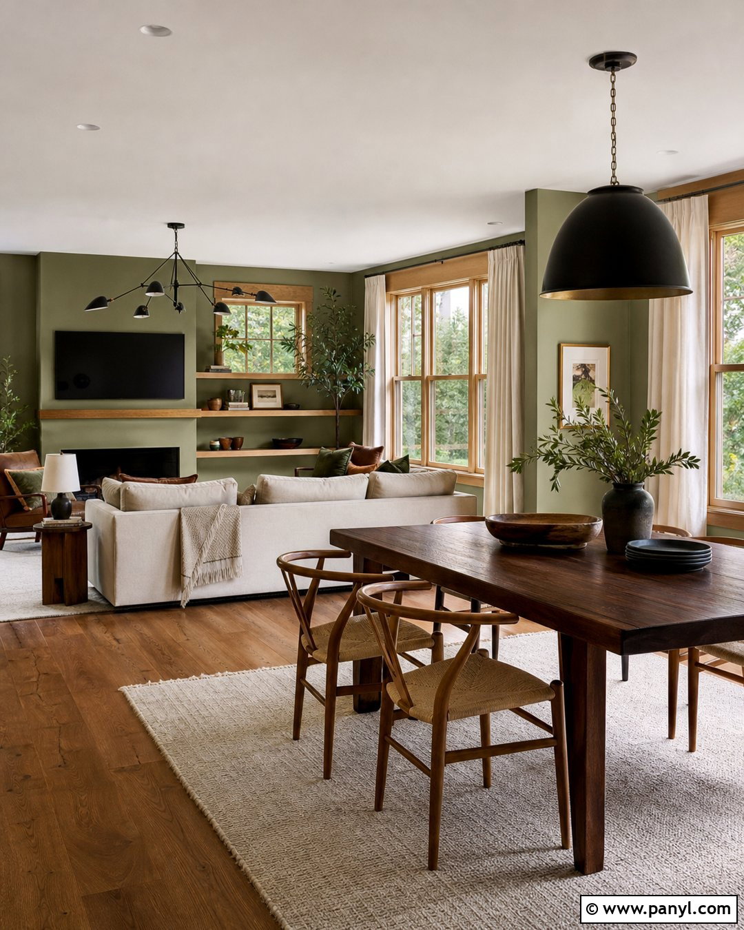 Sage Green Open-Plan Room With Mixed Wood Trim - 20 Sage Green Walls With Wood Trim Ideas