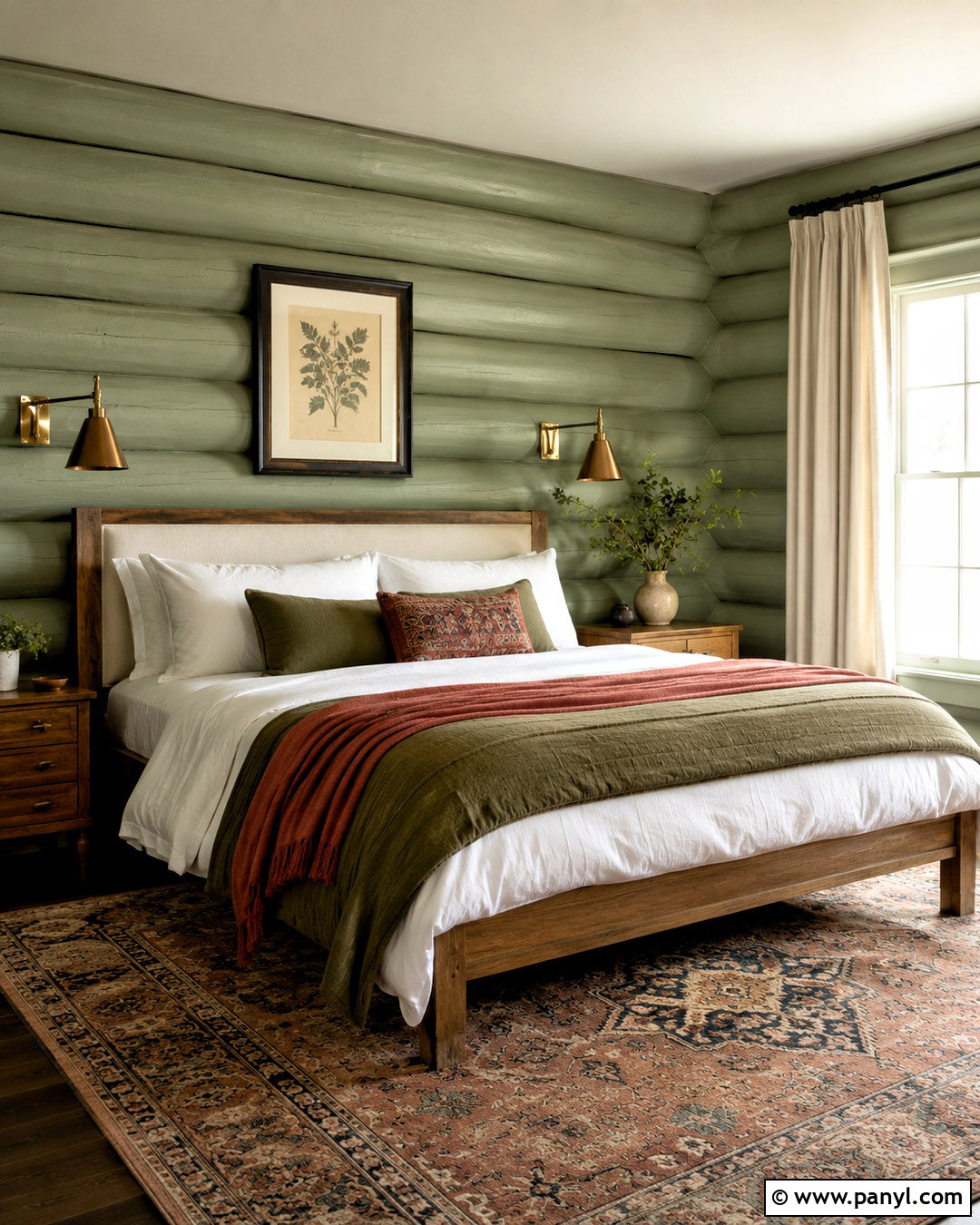Sage Green Painted Log Bedroom - 20 painted log home interior ideas