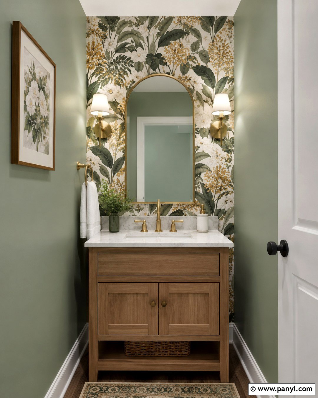Sage Green Powder Room With Botanical Accent Wall - 20 Sage Green Walls With Accent Wall Ideas
