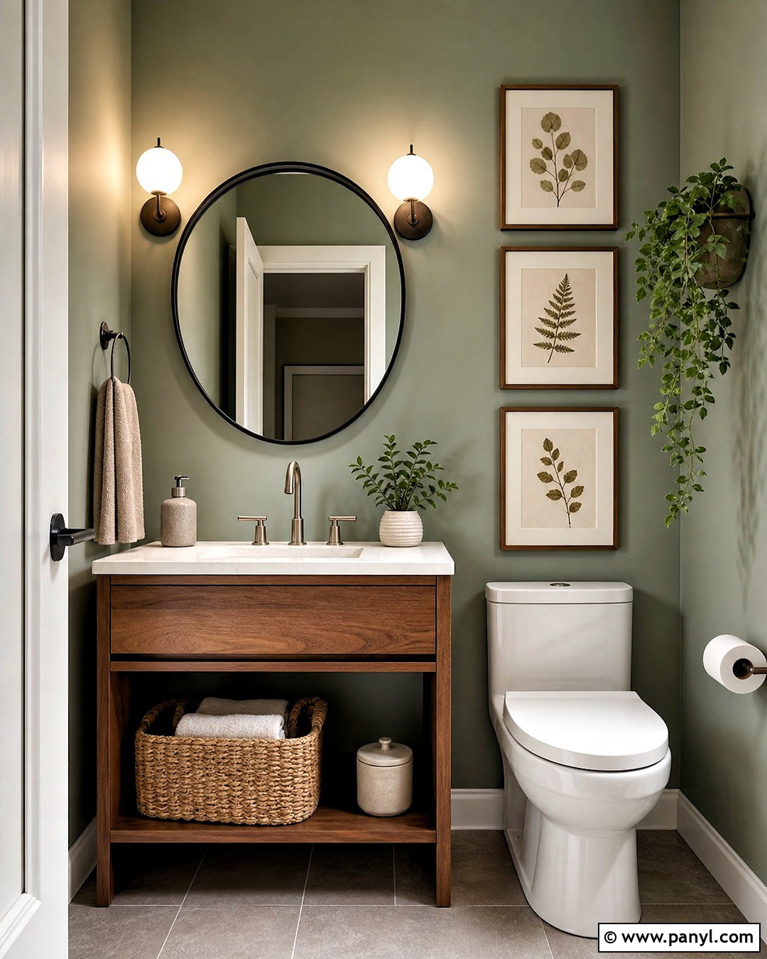Sage Green Powder Room With Botanical Art - 20 sage green powder room ideas