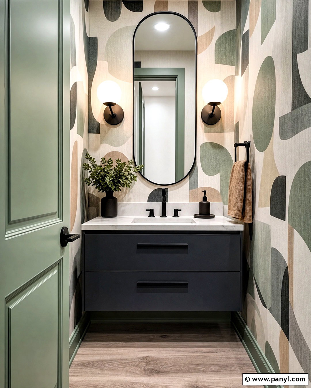 Sage Green Powder Room With Modern Wallpaper - 20 sage green powder room ideas