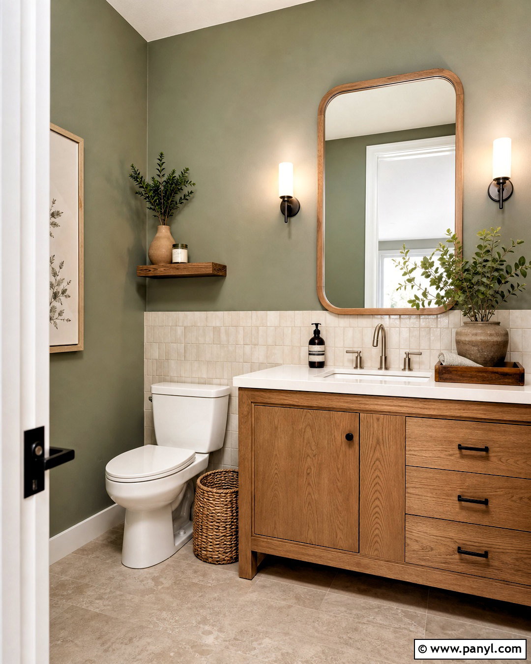 Sage Green Powder Room With Wood Vanity - 20 sage green powder room ideas