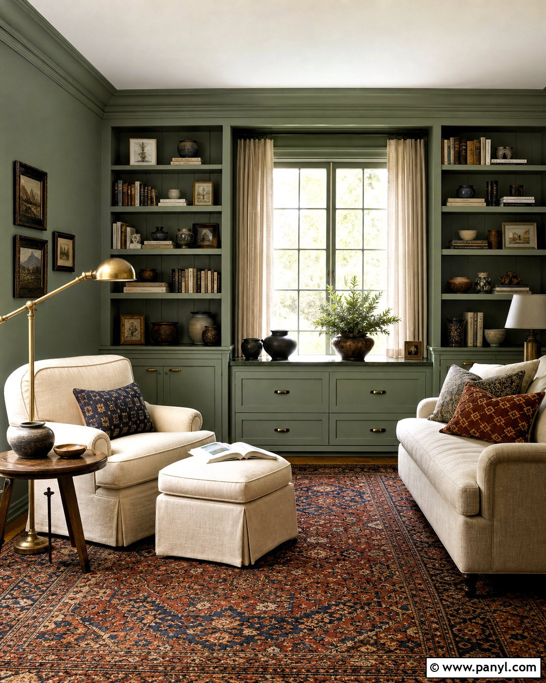 Sage Green Reading Room With Built-In Bookcases - 20 sage green room ideas