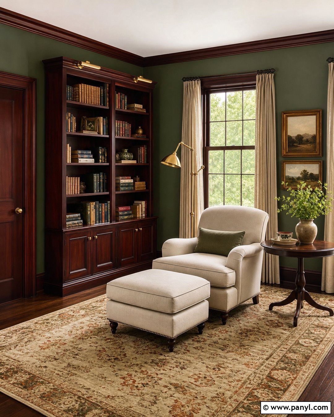 Sage Green Reading Room With Mahogany Trim - 20 Sage Green Walls With Wood Trim Ideas