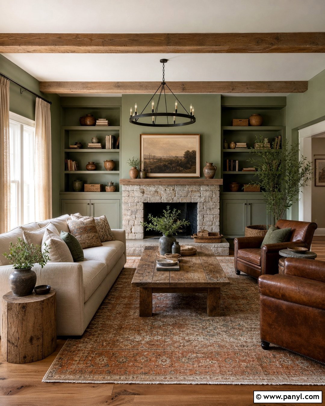 Sage Green Rustic Living Room - 20 Green Wall Rustic Style Ideas