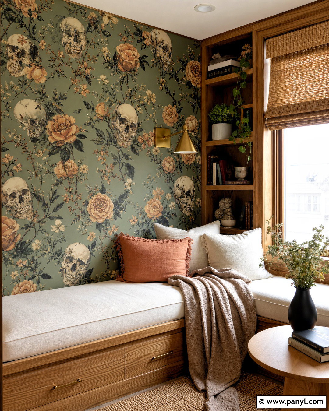 Sage Green Skull And Rose Wallpaper Reading Nook - 20 skull and rose pattern wallpaper ideas