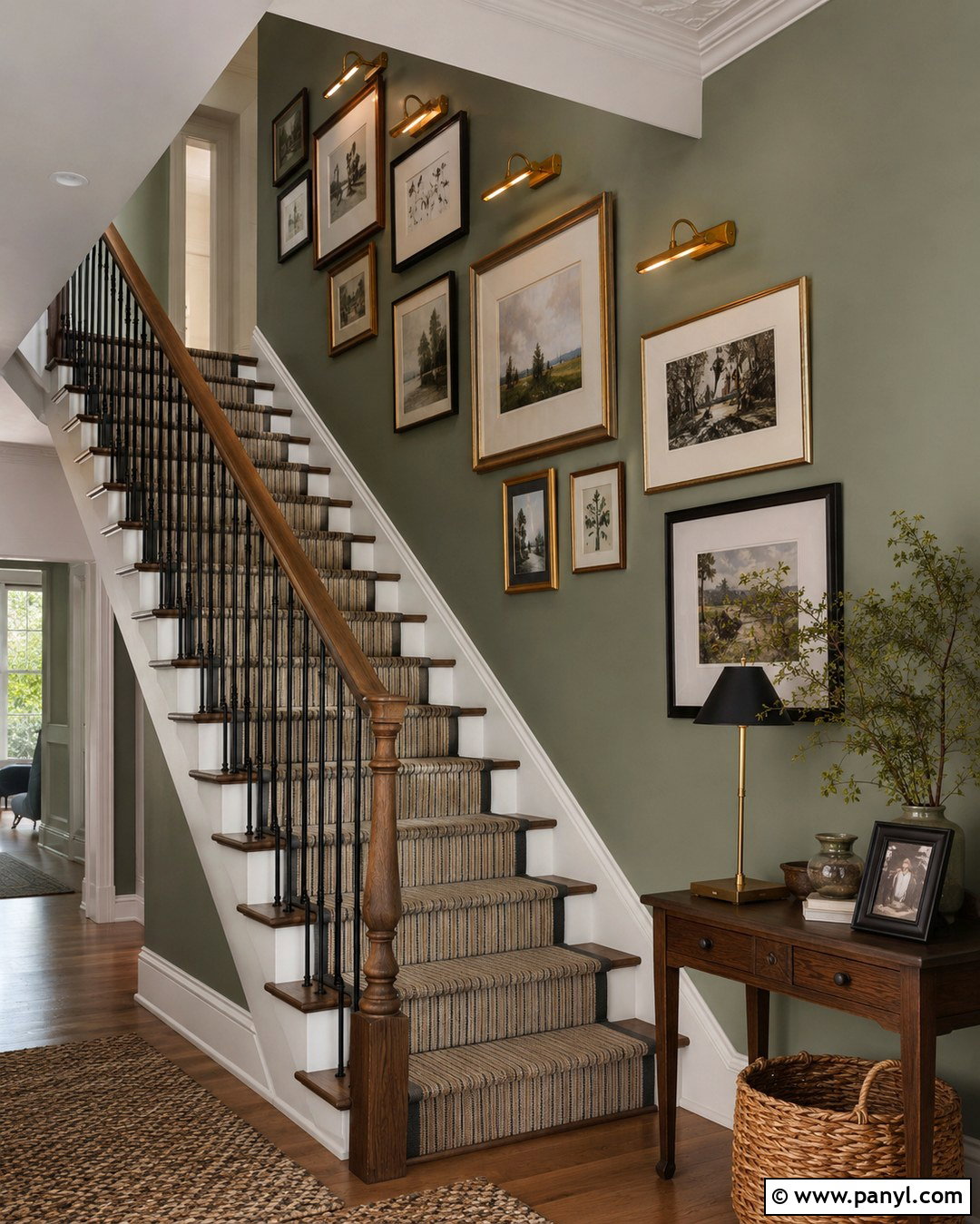 Sage Green Stairway Gallery Wall - 20 Sage Green Statement Wall Ideas