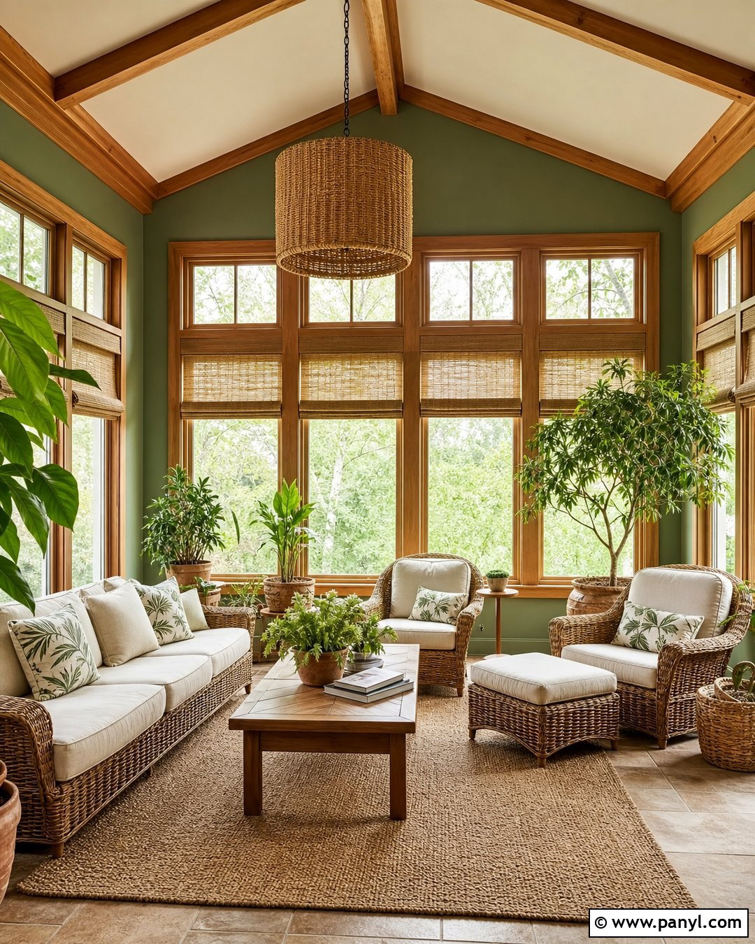 Sage Green Sunroom With Honey Wood Trim - 20 Sage Green Walls With Wood Trim Ideas