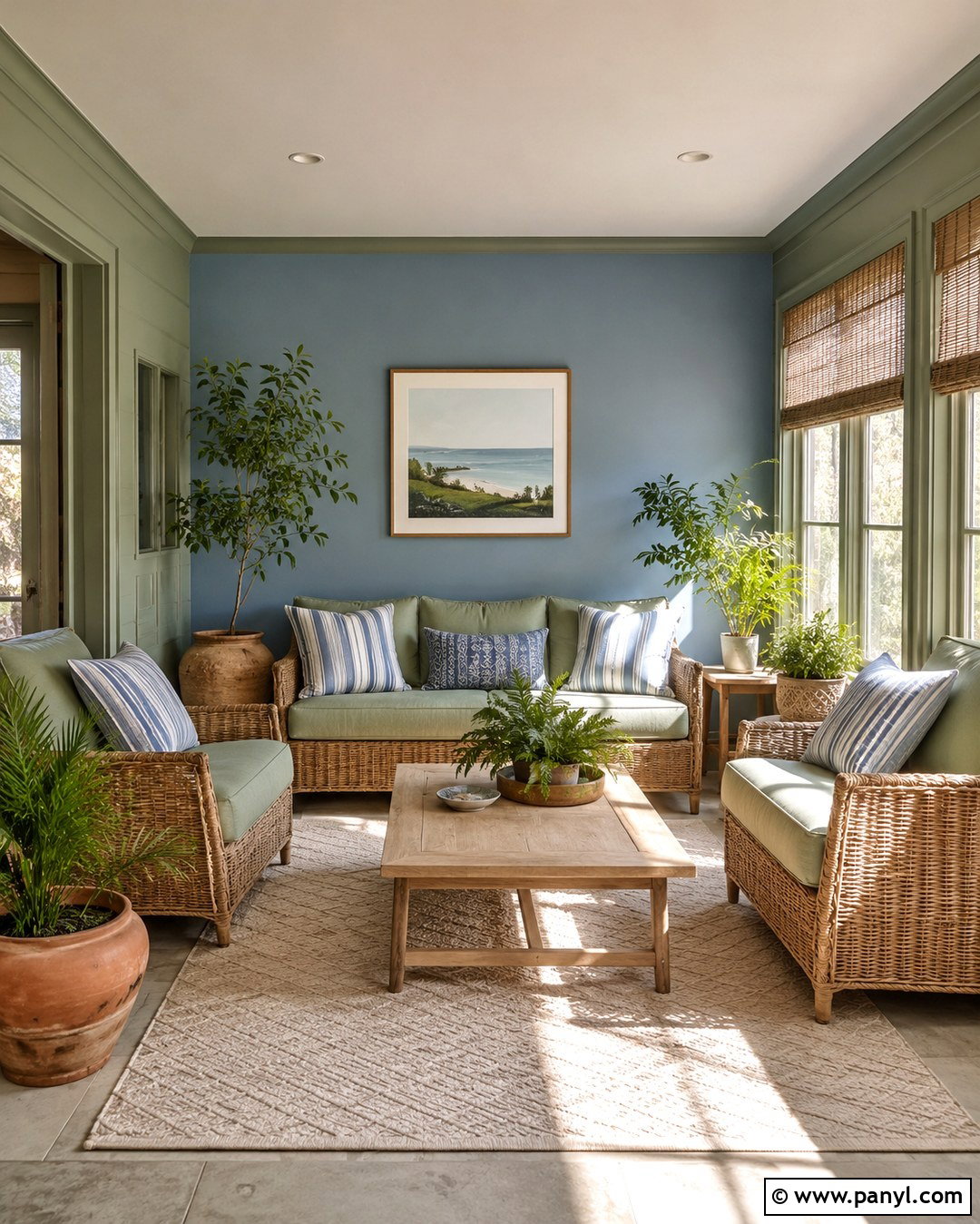 Sage Green Sunroom With Soft Blue Accent Wall - 20 Sage Green Walls With Accent Wall Ideas