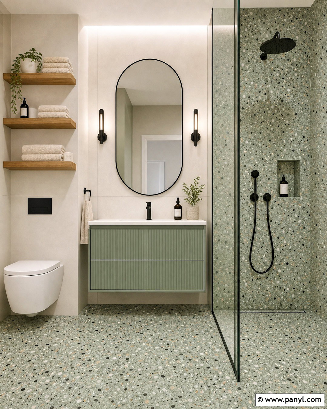 Sage Green Terrazzo Bathroom With Black Accents - 20 sage green and black bathroom ideas