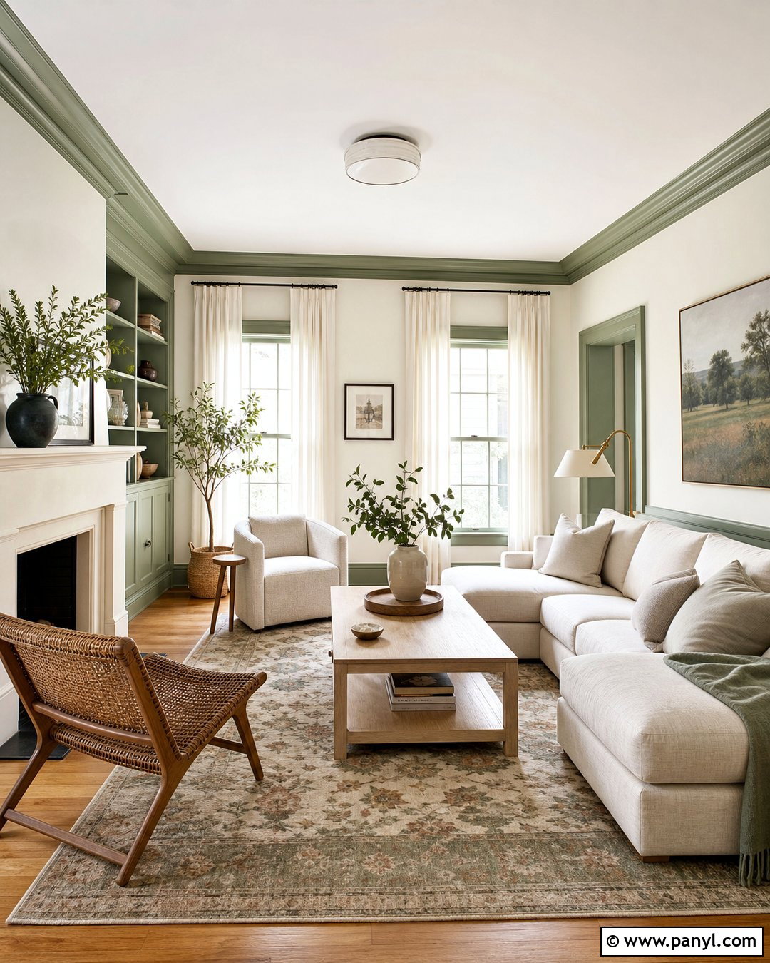 Sage Green Trim Living Room - 35 green trim white walls