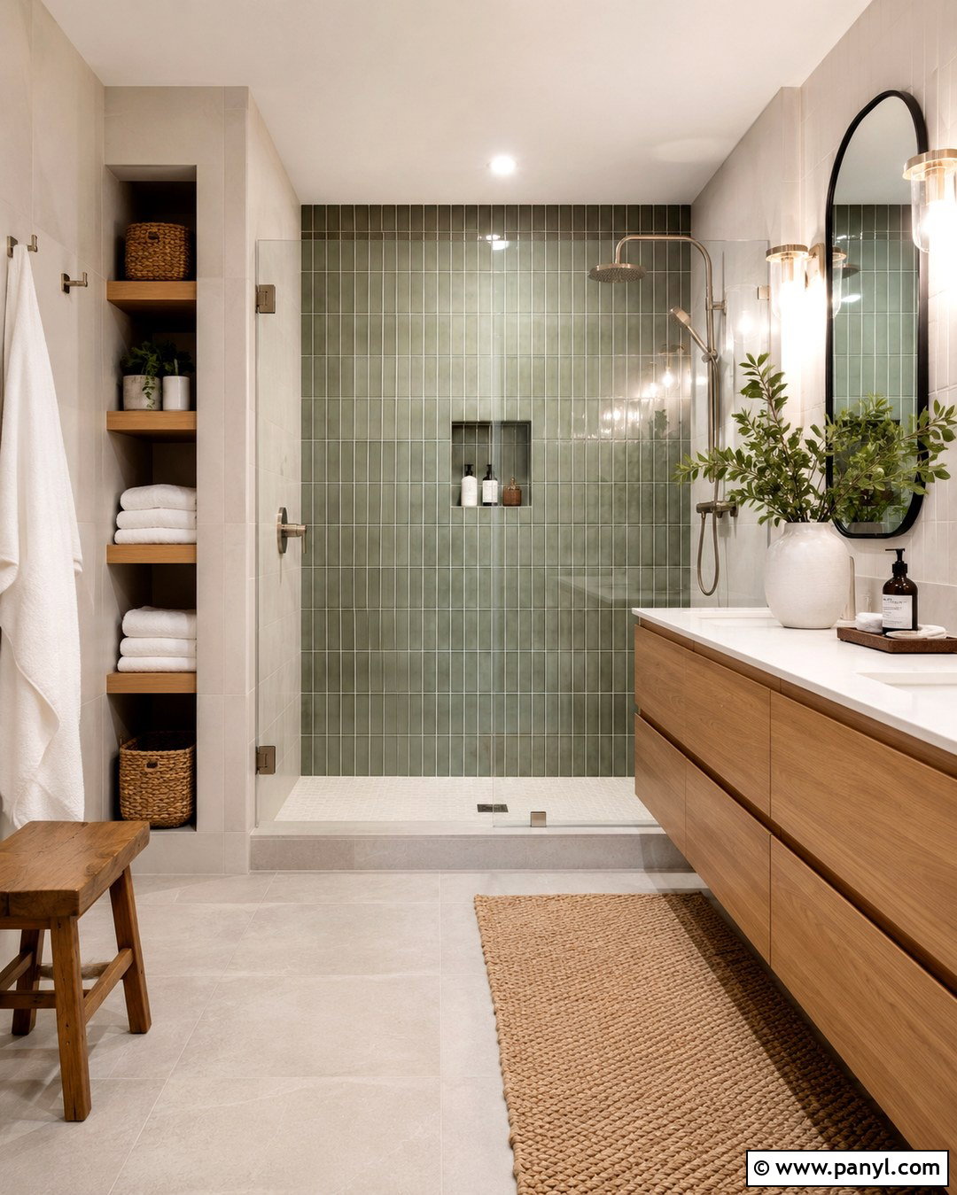 Sage Green Vertical Tile Shower Wall - 20 Green Accent Wall Shower Ideas