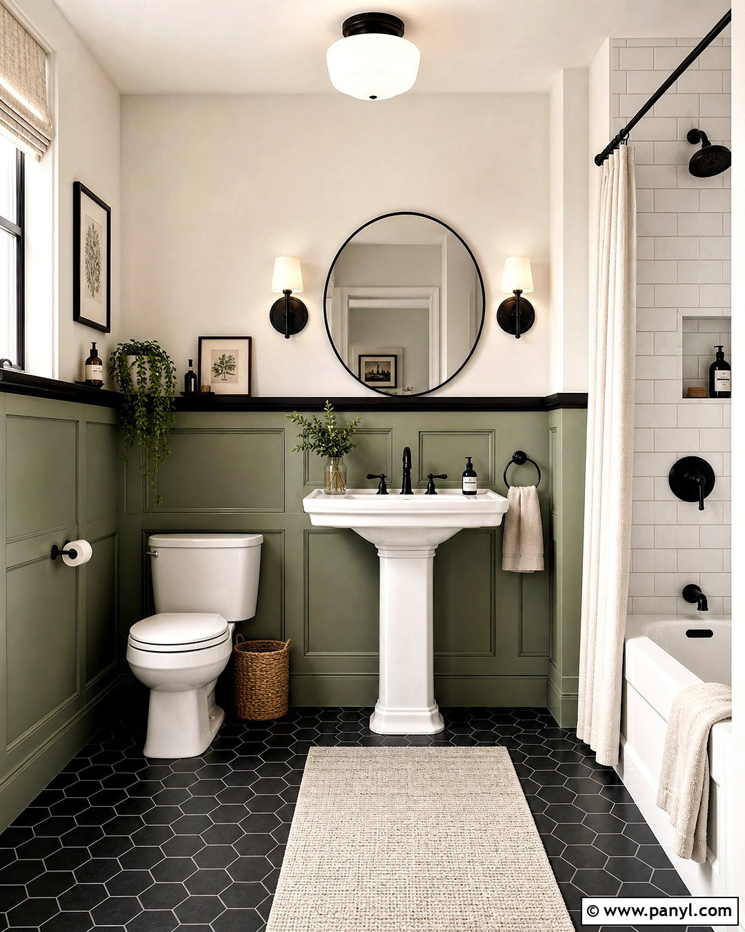 Sage Green Wainscoting With Black Floor Tile - 20 sage green and black bathroom ideas