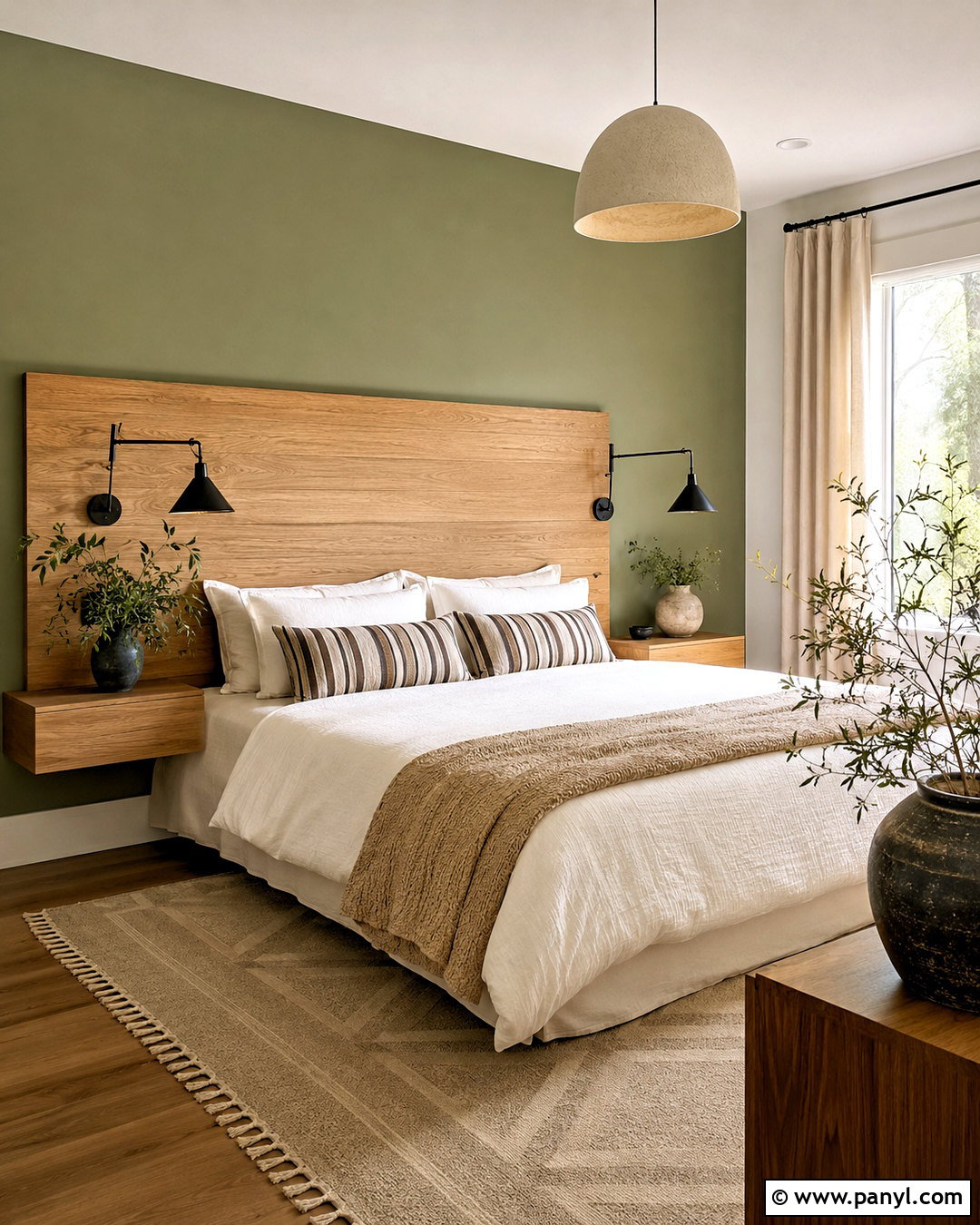 Sage Green Wall With A Wood Headboard - 40 Sage Green Accent Wall Ideas