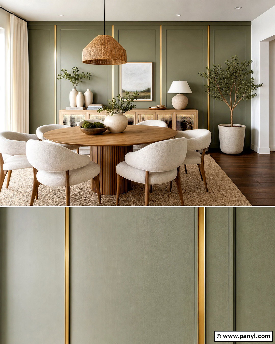 Sage Green Wall With Gold Panel Strips - 20 golden strips on wall ideas