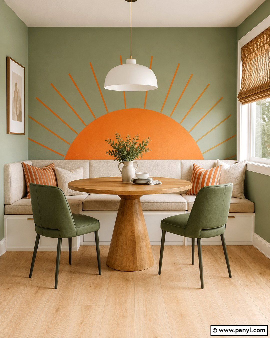 Sage Green Wall With Orange Sun Mural - 20 Orange And Green Accent Wall Ideas