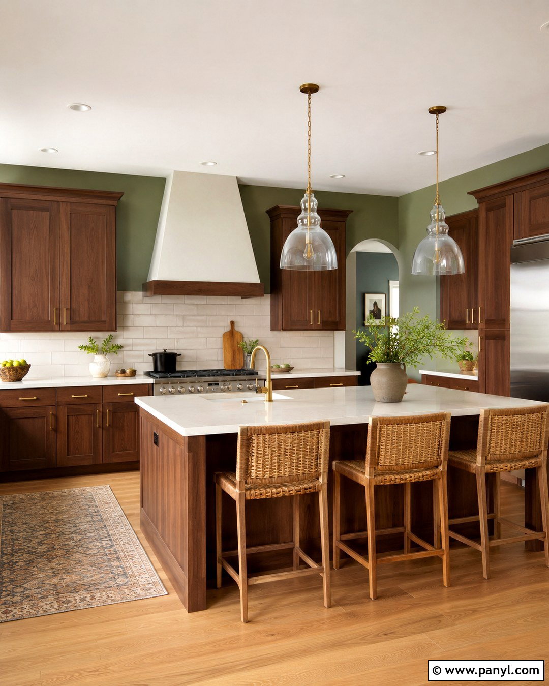 Sage Green Walls With Walnut Cabinets - 20 Green Wall Brown Cabinet Kitchen Ideas