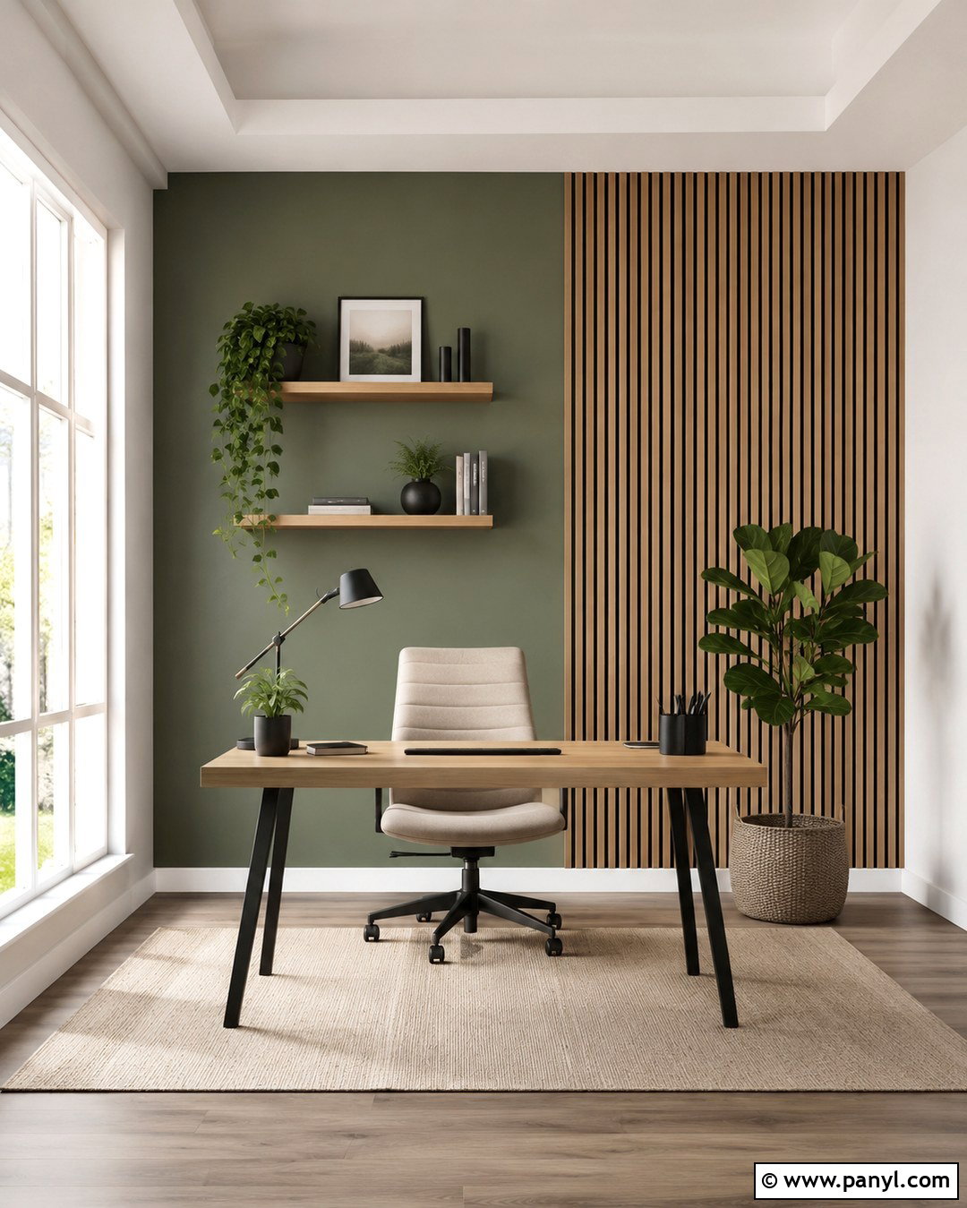 Sage Green Wood Slat Office Wall - 20 Sage Green Statement Wall Ideas