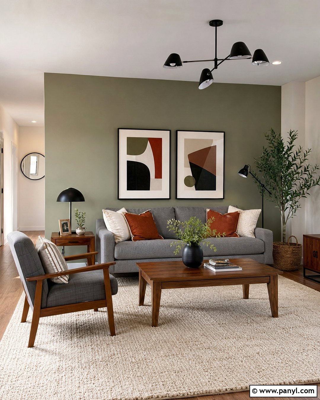 Sage Living Room Accent Wall With Gray Sofa - 25 Sage Living Room Walls