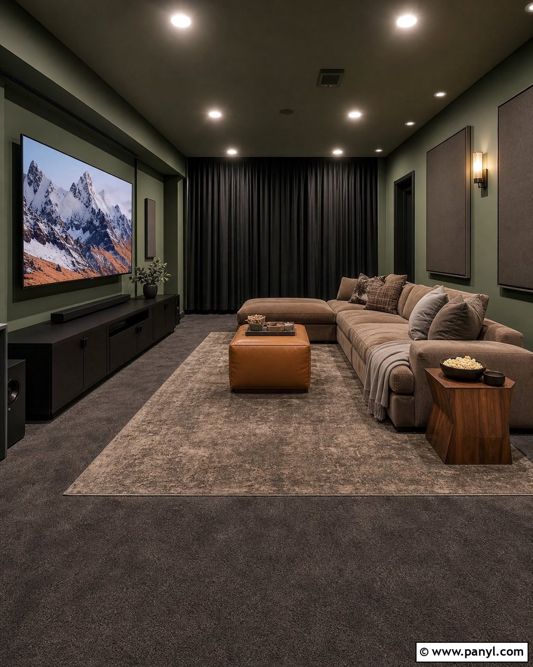 Sage Media Room With Grey Carpet - 20 Sage Walls Grey Carpet Ideas