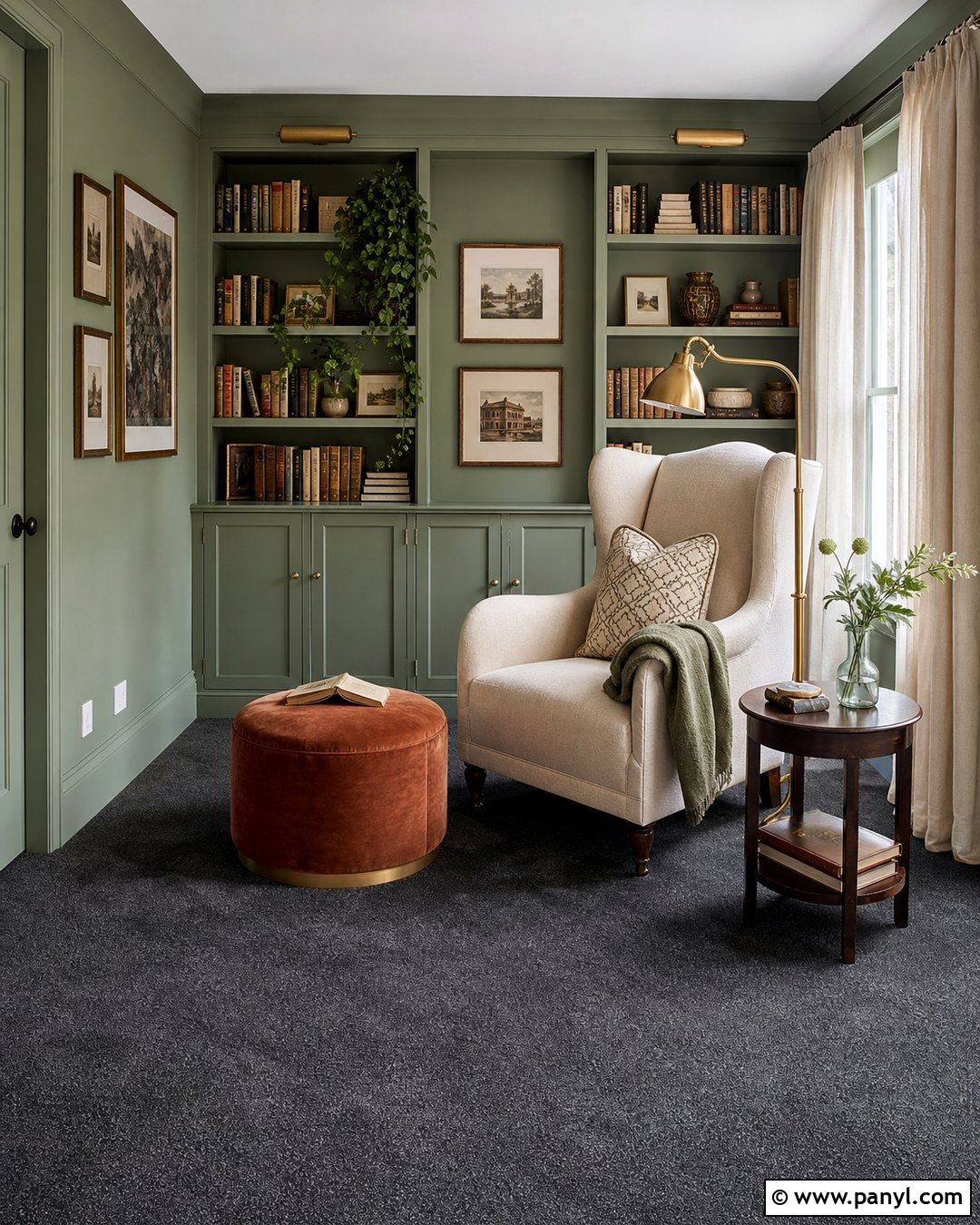Sage Reading Room With Grey Carpet - 20 Sage Walls Grey Carpet Ideas