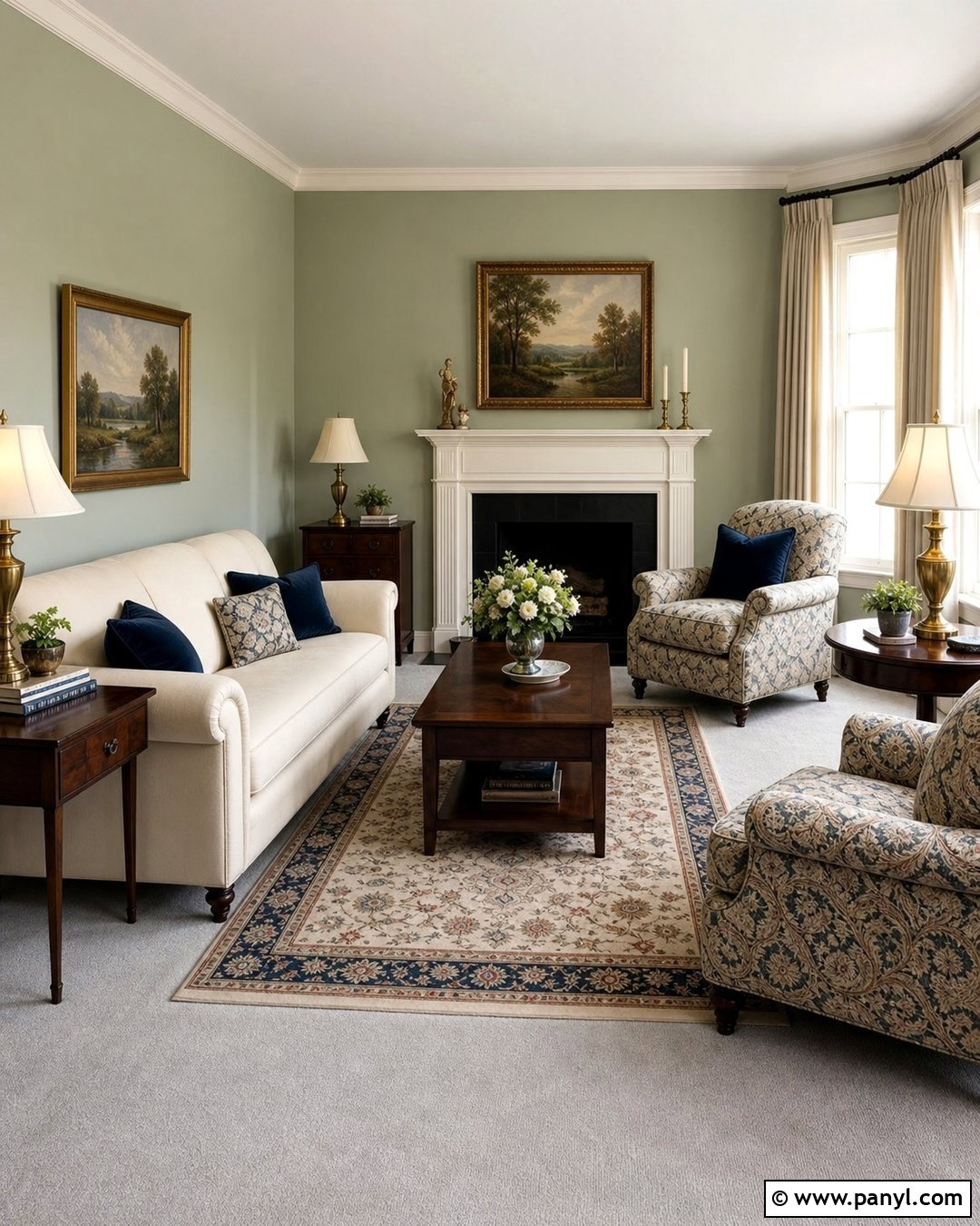 Sage Traditional Living Room With Grey Carpet - 20 Sage Walls Grey Carpet Ideas