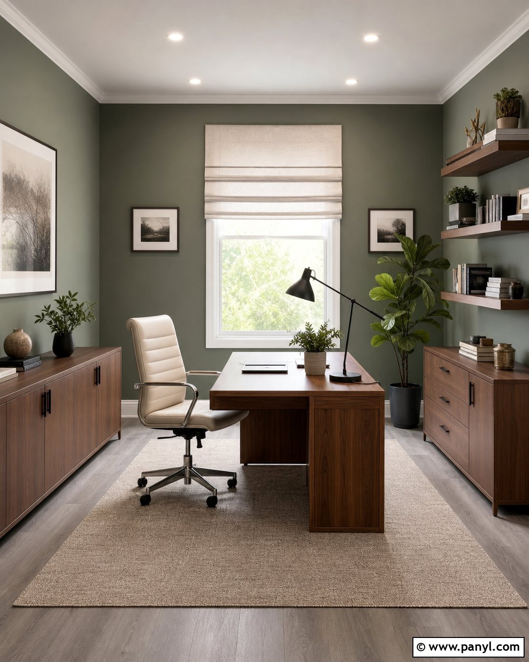 Sage Walls With Grey Home Office Floor - 20 Sage Walls Grey Floor Ideas