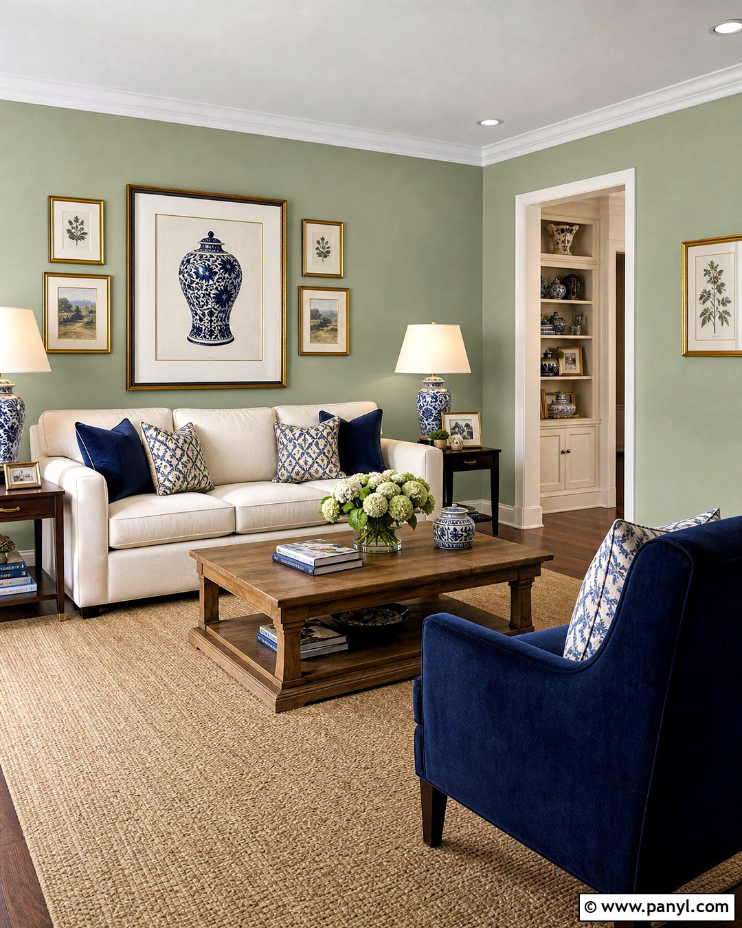 Sage Walls With Navy Accents - 20 sage walls living room ideas