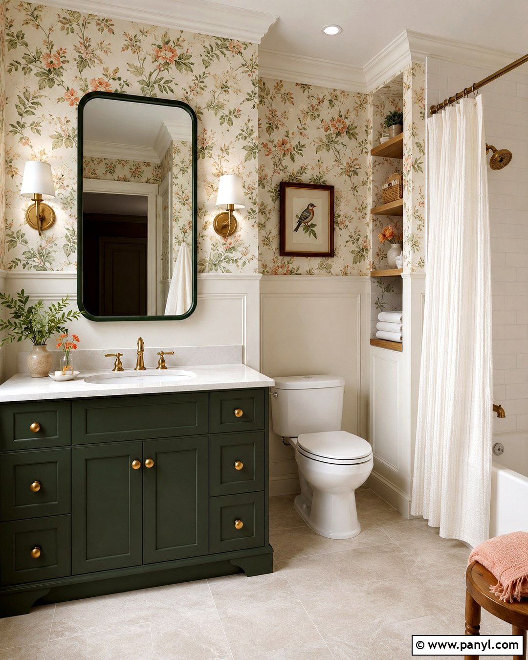 Salamander Vanity With Botanical Wallpaper - 20 Benjamin Moore Salamander Bathroom Ideas