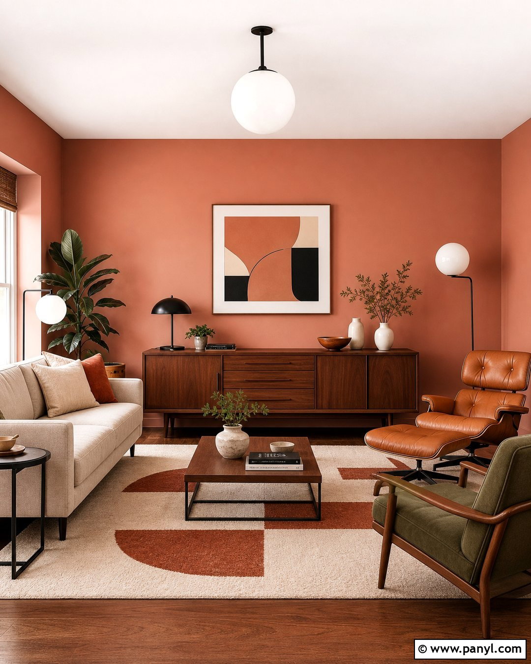 Salmon Midcentury Modern Living Room - 30 Salmon Wall Color Ideas