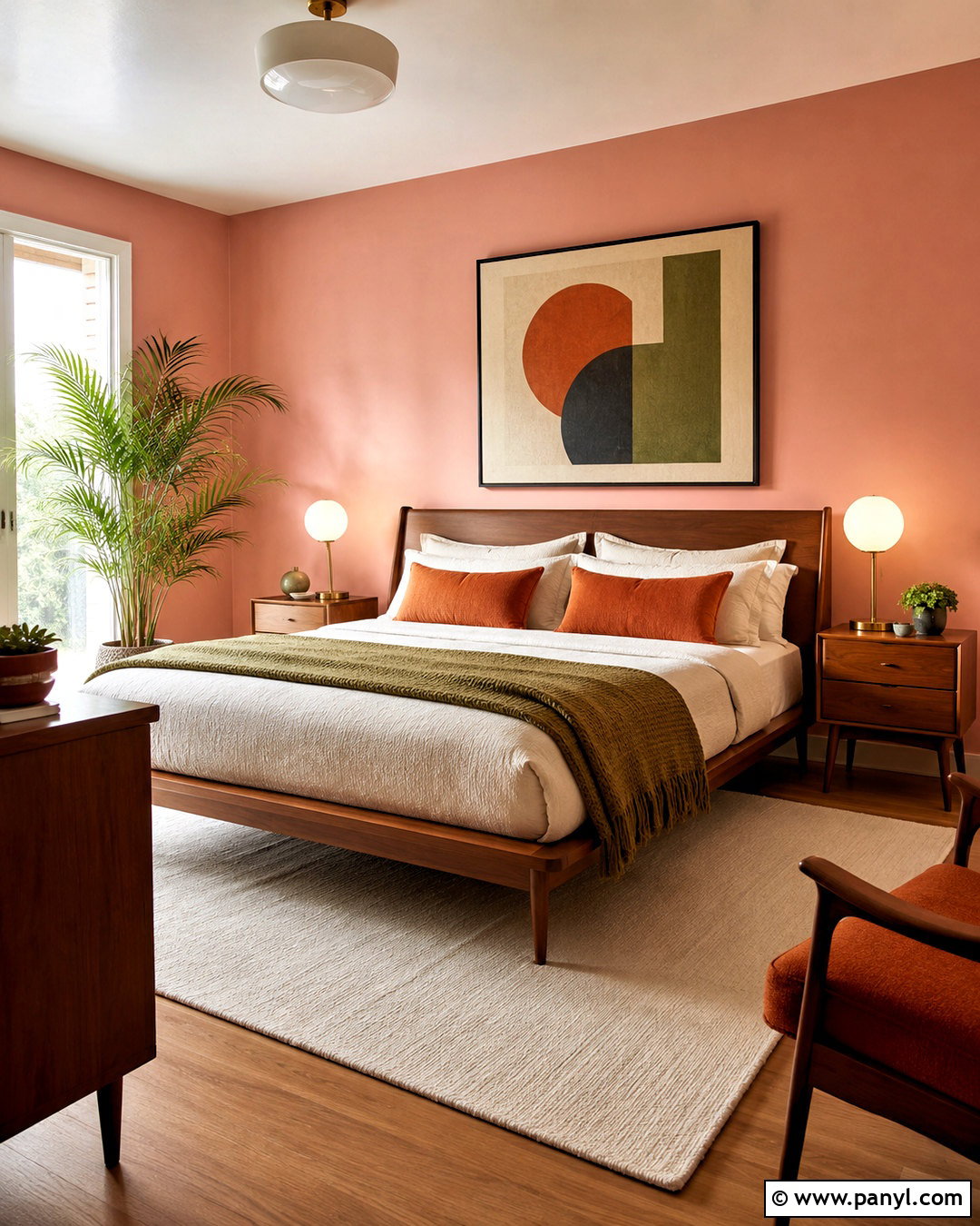 Salmon Pink Midcentury Bedroom - 20 pink paint bedroom ideas