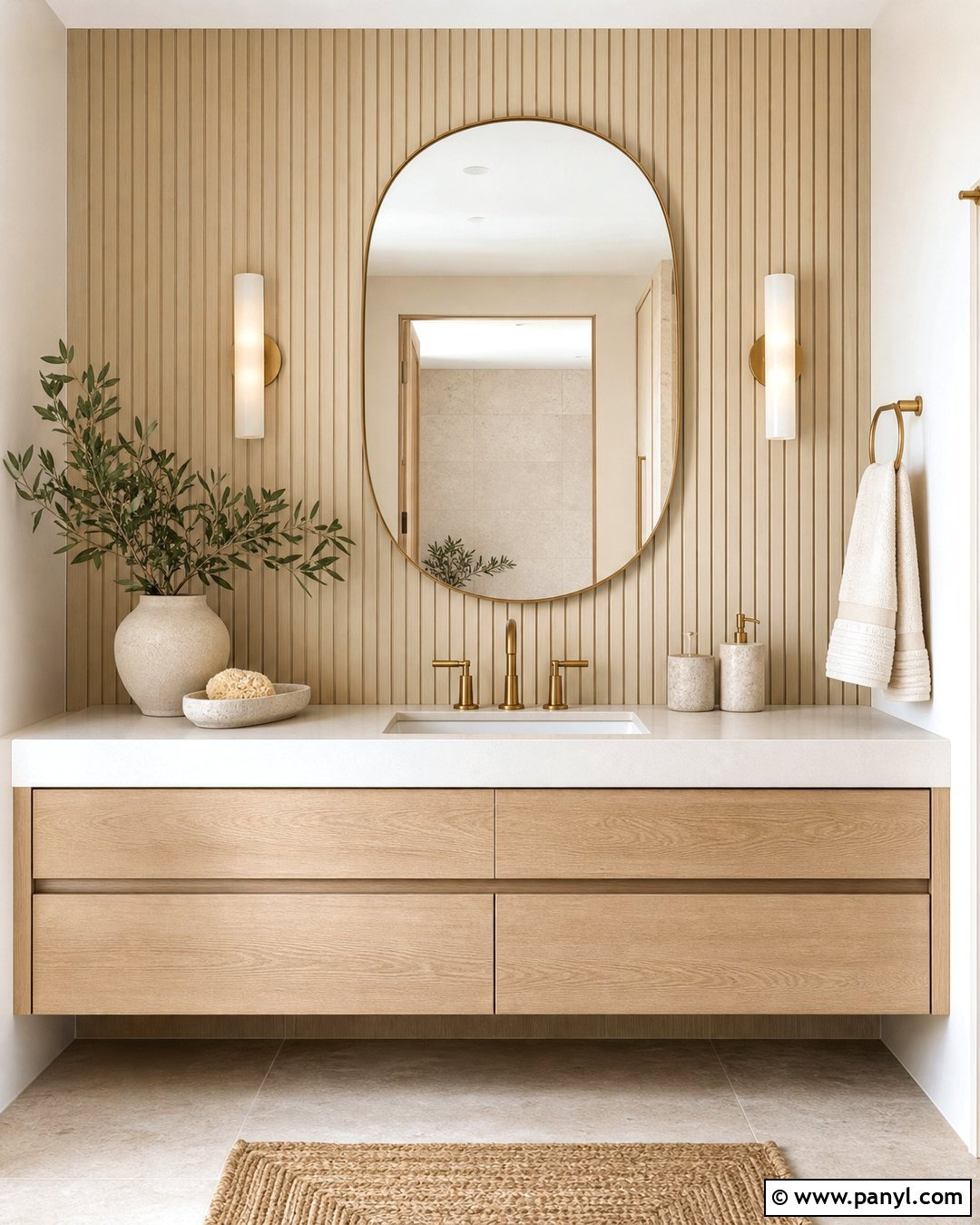 Sand Slat Wall Bathroom Vanity - 20 Neutral Color Slat Wall Ideas