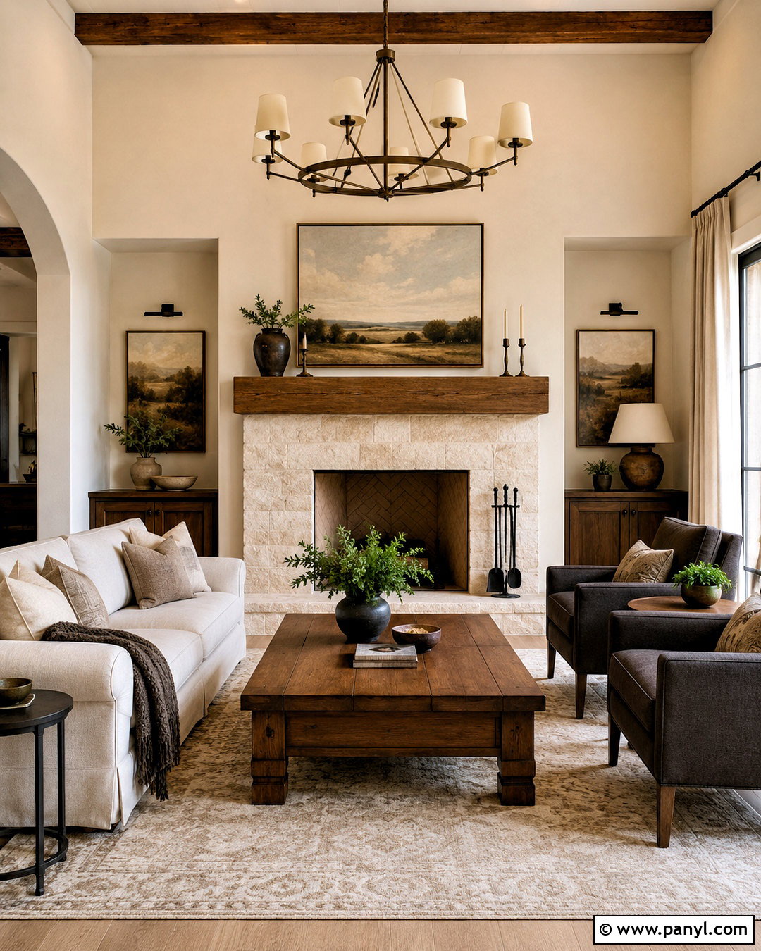 Sand Walls With A Stone Fireplace - 35 Sand Colored Walls
