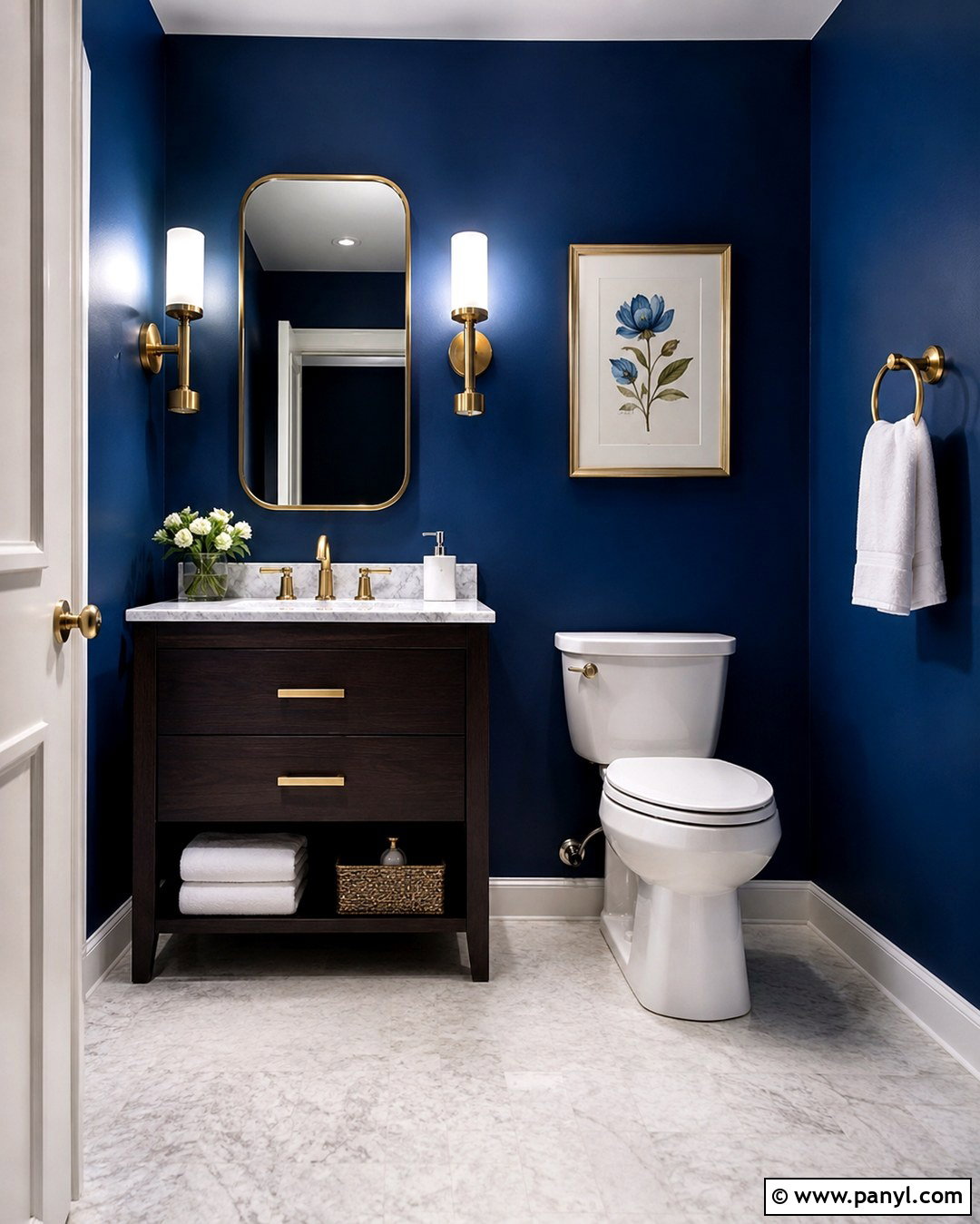 Sapphire Blue Powder Room With Gold Fixtures - 20 Sapphire Blue Walls